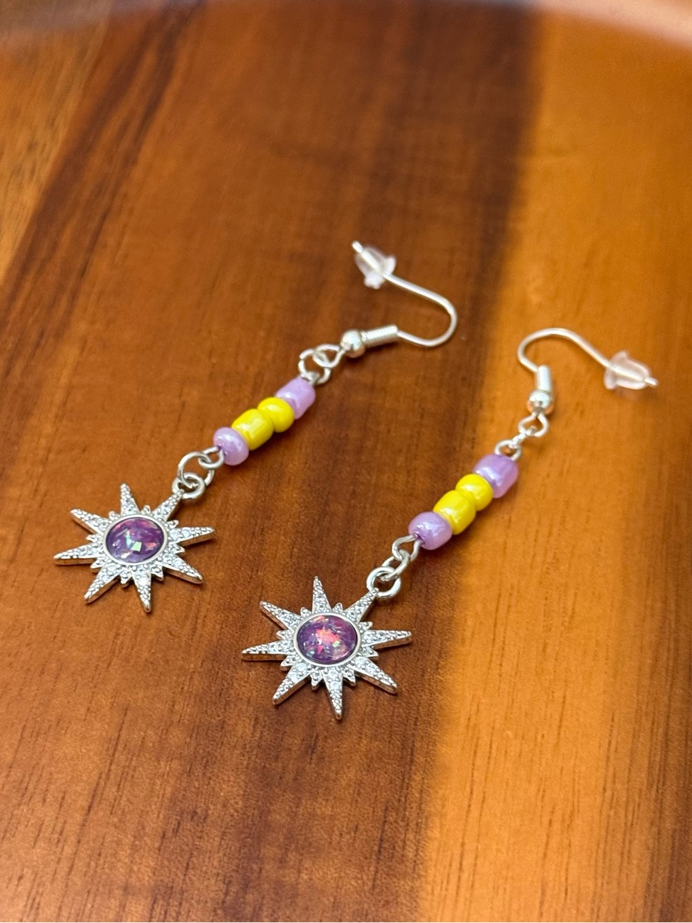 Silver Starburst Drop Earrings with Yellow & Lavender Beads